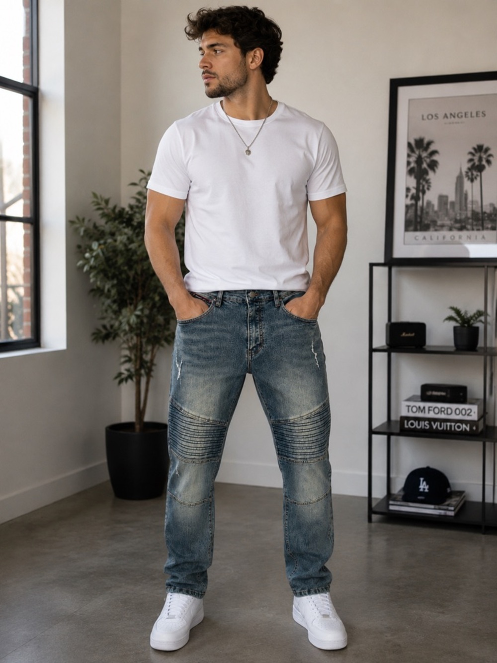 Straight Fit Moto Jeans in Medium Blue Denim